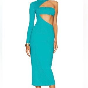 NBD Turquoise One-Shoulder Cutout Midi Dress